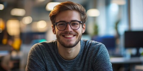 Obraz premium Happy young programmer smiling while working, Generative AI
