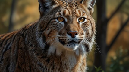 Obraz premium a lynx, its eyes gleaming with an intensity that belies its solitary nature. The fur patterned with spots, blends seamlessly with the dappled sunlight filtering through the forest canopy.