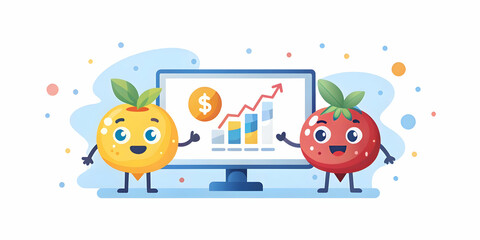 Fototapeta premium Fruity Financial Workshop: Engaging Fruits Host a Vibrant Financial Seminar with Interactive Digital Elements in a Soft Bokeh Background