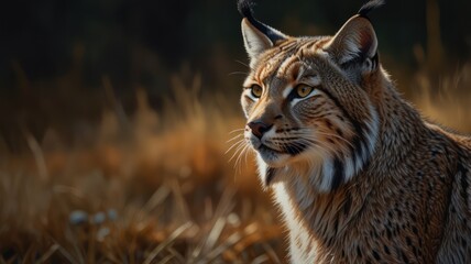 Obraz premium a lynx, its eyes gleaming with an intensity that belies its solitary nature. The fur patterned with spots, blends seamlessly with the dappled sunlight filtering through the forest canopy.