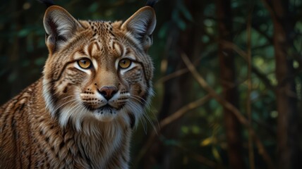 Obraz premium a lynx, its eyes gleaming with an intensity that belies its solitary nature. The fur patterned with spots, blends seamlessly with the dappled sunlight filtering through the forest canopy.