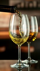 Close-up of white wine pouring into glass , freeze motion.