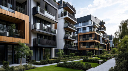 Obraz premium Modern residential buildings with balconies and green spaces in an urban setting, featuring trees and pathways under a clear sky.
