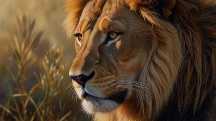 Obraz premium a majestic lion, its piercing eyes and tawny mane exuding an aura of power and regality. The sunlight bathes its golden fur, highlighting the intricate patterns and textures.