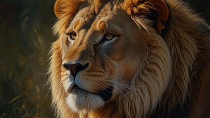 Fototapeta premium a majestic lion, its piercing eyes and tawny mane exuding an aura of power and regality. The sunlight bathes its golden fur, highlighting the intricate patterns and textures.