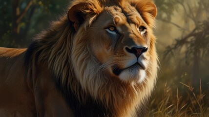 Fototapeta premium a majestic lion, its piercing eyes and tawny mane exuding an aura of power and regality. The sunlight bathes its golden fur, highlighting the intricate patterns and textures.
