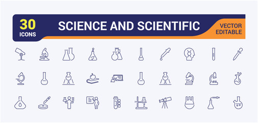 Set of scientific experiment icons. Science and sientific related icon collection such as Chemical, Chemistry, Microscope, Experimentation, Sample tube.