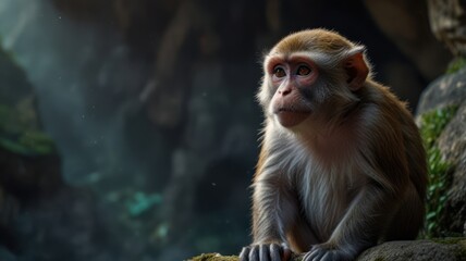 Fototapeta premium A monkey in a dimly lit cave, its dark fur blending seamlessly with the shadows. Sunlight filters through a small opening above, casting a dramatic beam of light on the monkey's curious face.