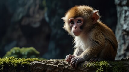 Fototapeta premium A monkey in a dimly lit cave, its dark fur blending seamlessly with the shadows. Sunlight filters through a small opening above, casting a dramatic beam of light on the monkey's curious face.