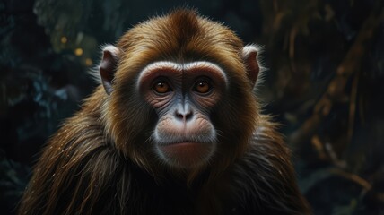 Fototapeta premium A monkey in a dimly lit cave, its dark fur blending seamlessly with the shadows. Sunlight filters through a small opening above, casting a dramatic beam of light on the monkey's curious face.