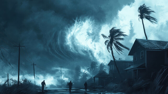 Dramatic scene of a powerful tsunami approaching a coastal town, with dark storm clouds and palm trees swaying in the wind
