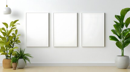 Fototapeta premium Three blank posters in a vertical arrangement on a sleek, modern white wall with soft lighting and minimalistic decor.