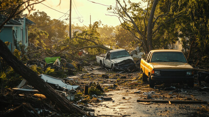 Aftermath of a hurricane showing damaged vehicles and fallen trees scattered on a suburban street during sunset