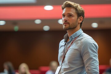 Fototapeta premium Professional male engaging in a conference presentation, Generative AI
