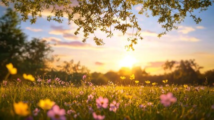 Fototapeta premium Tranquil American Countryside Sunset with Silhouetted Trees and Wildflowers - Ultra-Detailed, Cinematic Light