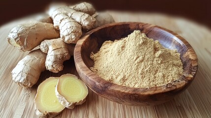 Fototapeta premium Fresh ginger root and ground ginger powder in wooden bowl.