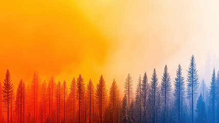 Gradient forest landscape with stark contrasts between fiery orange and tranquil blue hues in a misty atmosphere