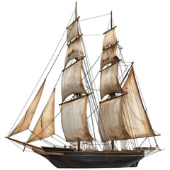 Large white sailboat with a black hull on a transparent background.