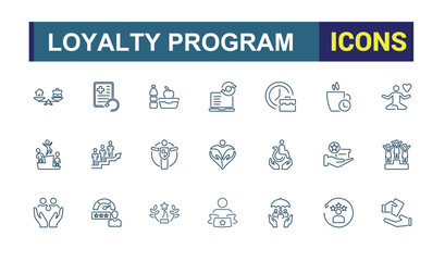 Success and growth icon set. Benefit and reward icons collection. Loyalty program line icons. Bonus card, award and winner gift, achievement, employee.