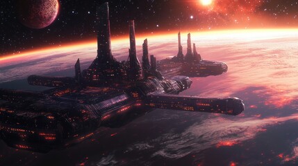 A futuristic spaceship in orbit around a planet with a red sun