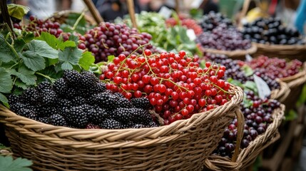 Fresh Baskets of Juicy Berries in Market Setting