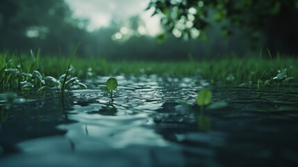 small plants in the garden submerged in water