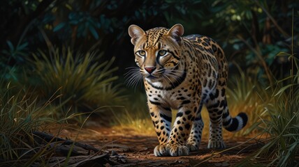 Fototapeta premium an ocelot with piercing eyes gleaming in the dim light. The ocelot's spotted fur blends seamlessly with the shadows of the forest, creating a sense of camouflage.