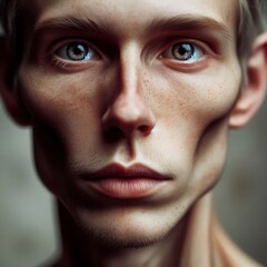 Close-up portrait of a person with freckled face and prominent cheekbones