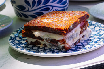 A gourmet grilled cheese sandwich made with flaky pastry bread, melted cheese, and a hint of ham.