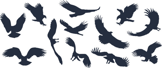 set birds flying icon black silhouette, vector