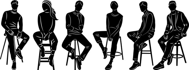 set people sitting icon black silhouette, vector