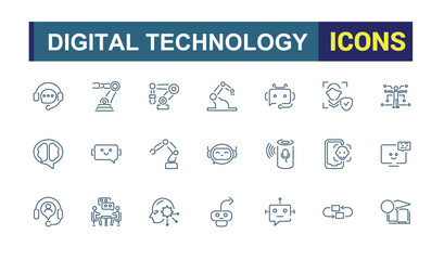 Information Technology icon set. Robotic technology icons collection. Set of Digital technology and Artificial Intelligence. Outline icons collection. Vector illustration