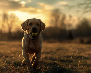 playful puppy running with ball in its mouth during sunset, capturing joy of outdoor playtime. warm light enhances scenes beauty and happiness