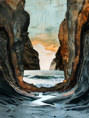 stunning view of coastal landscape framed by rocky cliffs, showcasing ocean waves gently lapping at shore. colors and textures create serene and captivating atmosphere
