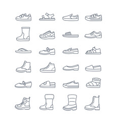 Kids shoes collection. Basic types of footwear for children. Sneakers, sandals, boots, ballet flats, loafers, slippers. Simple line icons for kids clothing shop. Outline pictograms, editable stroke
