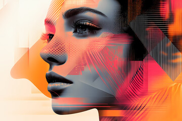 artistic portrayal of a female face seamlessly blended with geometric shapes, bold lines, and vibrant patterns