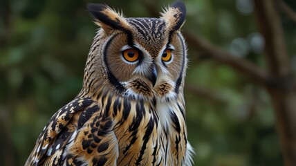 Fototapeta premium an owl with piercing yellow eyes and a captivating gaze. Its feathered face is framed by a halo of soft, brown feathers, and its distinctive ear tufts add to its regal appearance.