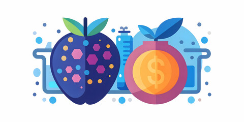 Fruity Financial Innovation Lab: Exploring Creative Financial Technologies with Two Innovative Fruits Amidst a High-Tech Setting and Soft Abstract Bokeh Background