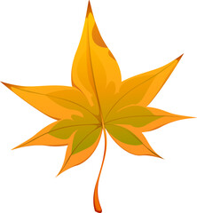 Cartoon autumn maple leaf with vibrant yellow and green color, captures the essence of fall season, highlighting the transition of autumnal nature, evoking feelings of seasonal warmth and nostalgia
