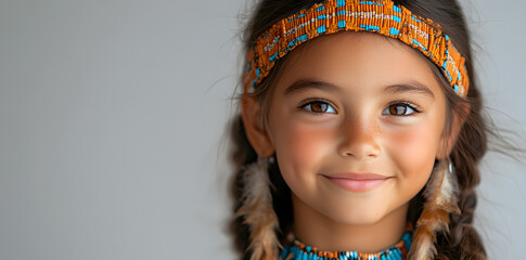 Portrait of smiling girl wearing native American traditional Indian jewelry and clothes isolated on white background