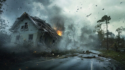 Destructive storm causing severe damage to a house with debris flying, flames visible, and downed trees on a rainy road