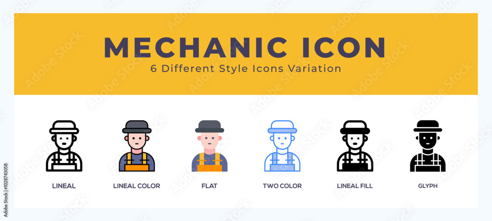 Poster mechanic icon set with different styles. icons designed in filled. outline. flat. glyph and line col