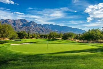 Obraz premium Golf course with a green at the end with a hole pin