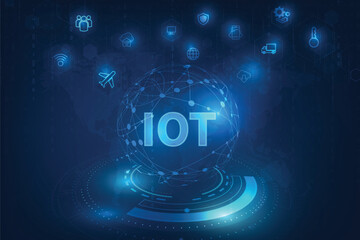Internet Of Things (IOT) Concept. Big Data Cloud Computing Network Of Physical Devices With Secure Network Connectivity on dark blue color background.	