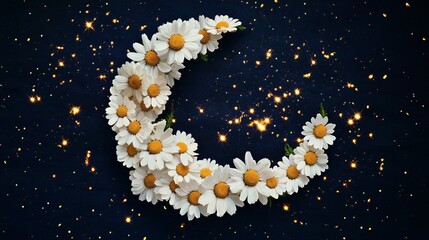 Fototapeta premium Chamomile flowers arranged in a crescent moon shape, isolated on a dark navy background with glowing stardust