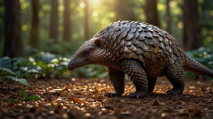 Obraz premium a pangolin with its scales gleaming in the sunlight. The pangolin's long, curled tail and powerful claws suggest its agility. Its small head and piercing eyes add to its enigmatic appearance.