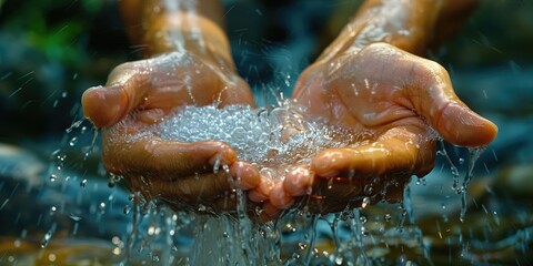 Hands holding clean water with soap bubbles in a serene natural setting