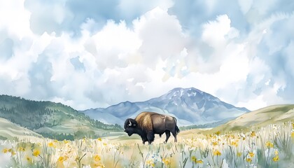 A watercolor painting of a bison standing in a meadow in a mountainous area