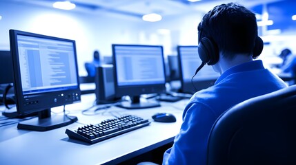 Man call center operator with headset using computer. How can I help you? call center workers in headphones are working at modern office. Online customer support. young man using a headset and compu