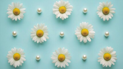 Chamomile flowers arranged in a polka dot pattern, isolated on a soft pastel blue background with decorative pearls